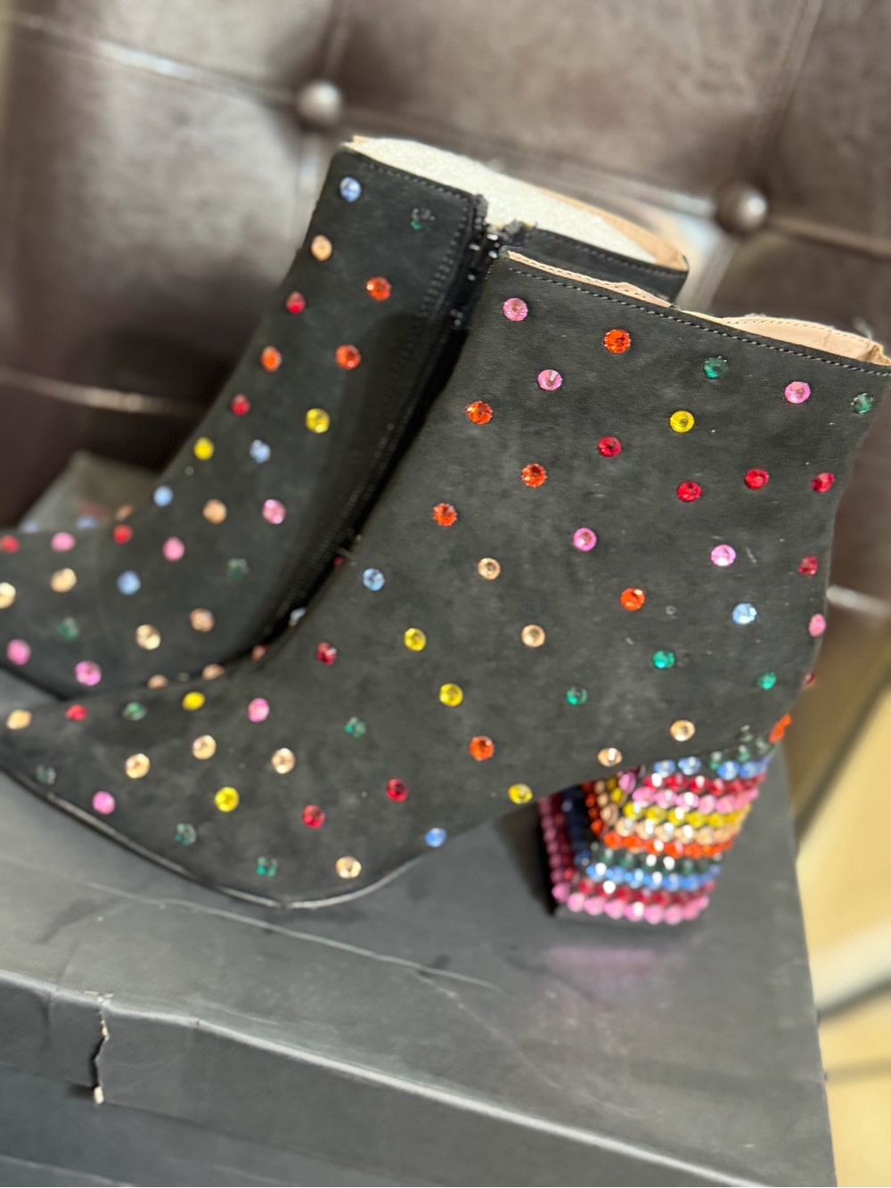 Black Jeweled Ankle Booties with Multicolor Gem Heel